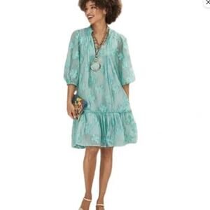 Sundance | Light Teal Bohemian Fanciful Florals Ruffle Hem Dress Size Medium